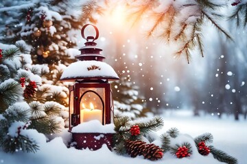 Christmas lantern in snow with fir tree branch. Winter cozy scene 