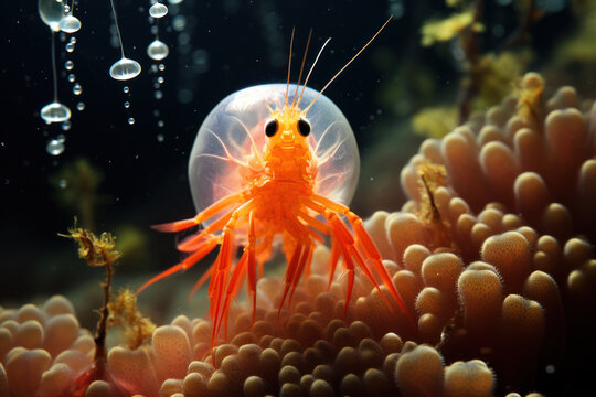 An underwater photograph of a shrimp living in a sea sponge, exemplifying a symbiotic relationship providing shelter and protection. Generative Ai.