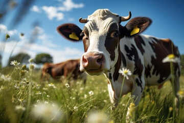 A snapshot of a cow grazing in a pasture, highlighting the symbiosis between the cow's digestive system and the microbes that aid in digestion. Generative Ai.