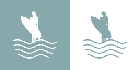 Logo club de surf. Silueta de mujer de pie sujetando una tabla de surf con olas de mar