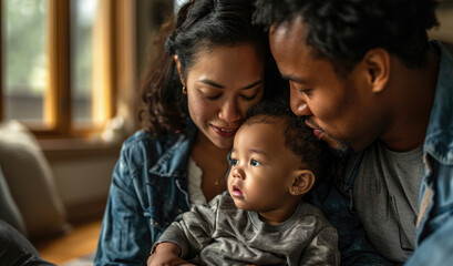 Photo of a family, consisting of an Asian female, Black male, and their mixed-race child, at home, enjoying a simple moment together.