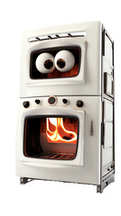 a white oven with eyes and a fire inside - obrazy, fototapety, plakaty