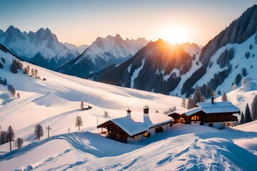 Idyllic winter mountain landscape in the Alps at sunset  - obrazy, fototapety, plakaty