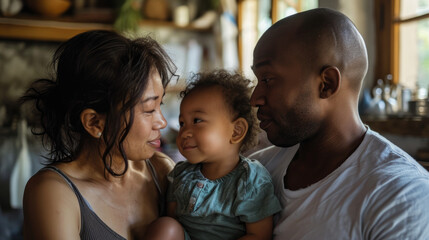 Photo of a family, consisting of an Asian female, Black male, and their mixed-race child, enjoying a simple moment together