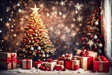Holidays background with illuminated Christmas tree, gifts and
