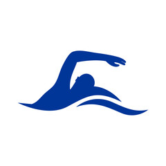 Logo deportes acuáticos. Icono natación. Silueta de nadador con olas