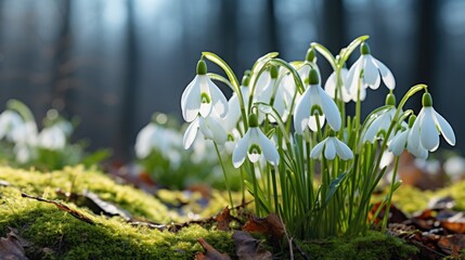 A natural cluster of snowdrops in a woodland setting, bathed in the warm light of the rising sun.