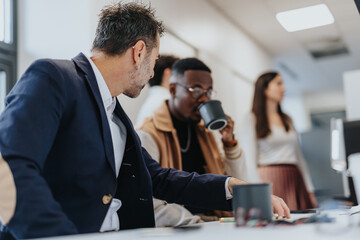 Multi generational, diverse business professionals collaborating, discussing project details and working together in an office for success and growth.