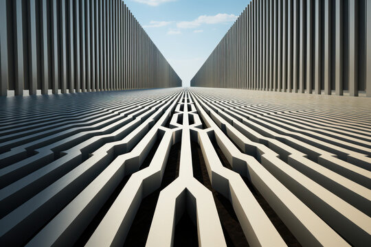 An optical illusion where parallel lines appear to converge, creating a paradoxical distortion of perspective. Generative Ai.