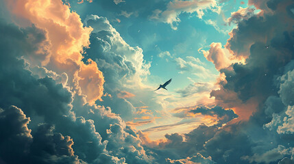 Flight of Imagination:  A dreamer soaring through a surreal sky on the wings of imagination, surrounded by vibrant clouds and whimsical landscapes