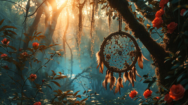 Dream Catcher's Haven:  A scene featuring a dream catcher adorned with ethereal feathers, capturing the essence of capturing and weaving dreams