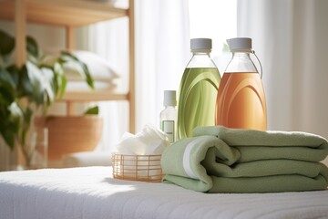 Bottle of fabric conditioner and clean towels in the laundry room