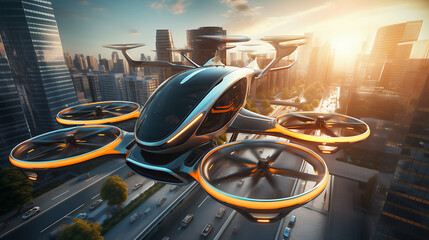 A concept of smart transportation with flying taxis and interconnected traffic - obrazy, fototapety, plakaty