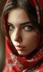 Beautiful Muslim girl from the east, Arab young woman in a headscarf, hijab, close-up portrait of beautiful eyes, freckles Palestine, Oman, Morocco