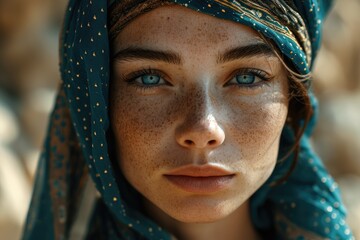 Beautiful Muslim girl from the east, Arab young woman in a headscarf, hijab, close-up portrait of beautiful eyes, freckles Palestine, Oman, Morocco