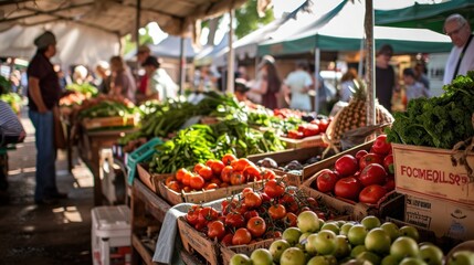 Fototapeta na wymiar A busy farmer's market with fresh local produce, artisanal goods, and happy customers