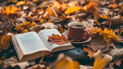 Naklejka na ściany i meble A cozy autumn scene with a book, hot beverage, and fall leaves.