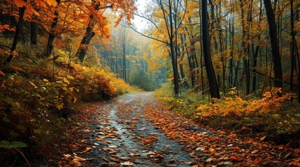 A colorful autumn forest landscape with a winding path