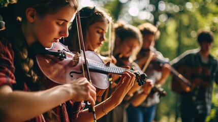 A group of young musicians performing at an outdoor music festival - obrazy, fototapety, plakaty