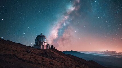 A high-altitude observatory under a star-filled sky, with astronomers using powerful telescopes - obrazy, fototapety, plakaty