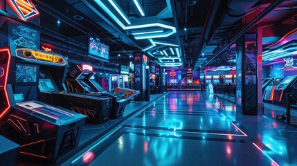 A high-tech gaming arcade with virtual reality stations, e-sports competitions, and interactive gaming zones