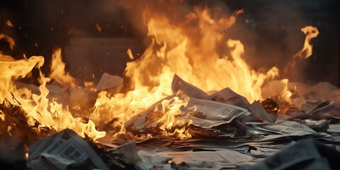 A pile of burning newspapers - obrazy, fototapety, plakaty