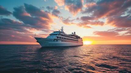 A luxurious cruise ship sailing on the ocean with a stunning sunset on the horizon