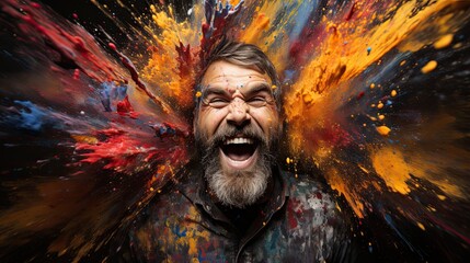 Joyful bearded man with explosive paint background