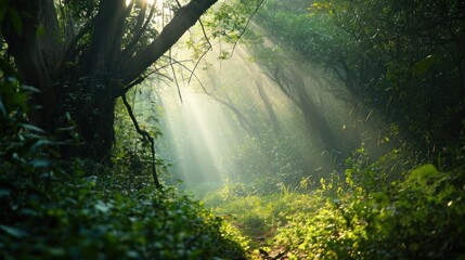A magical forest with light rays and mystical creatures