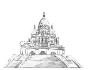 Illustration en noir et blanc de monument de Paris, Basilique du Sacré-Coeur, colline de Montmartre - obrazy, fototapety, plakaty