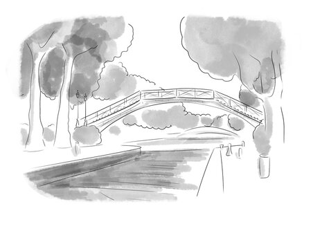 Illustration en noir et blanc de monument de Paris, Canal Saint Martin
