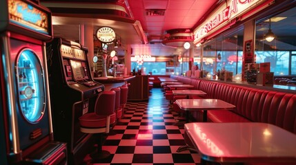 A retro diner with neon signs, vintage booths, and a classic jukebox