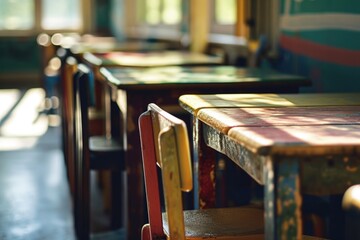 Room of an old school with empty wooden desks, learning and teaching concept. Generative AI