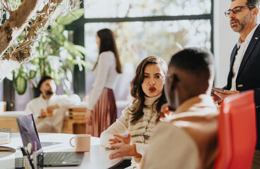 Multinational business team collaborating, analyzing data, making decisions for success.