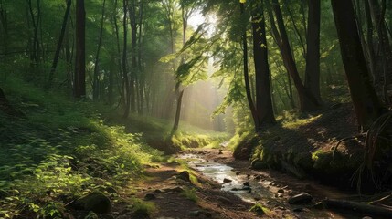 Obraz premium A serene forest trail with a canopy of trees, sunlight filtering through, and a babbling brook