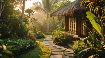A serene yoga retreat in Bali with thatched pavilions, lush tropical gardens, and meditation spaces - obrazy, fototapety, plakaty