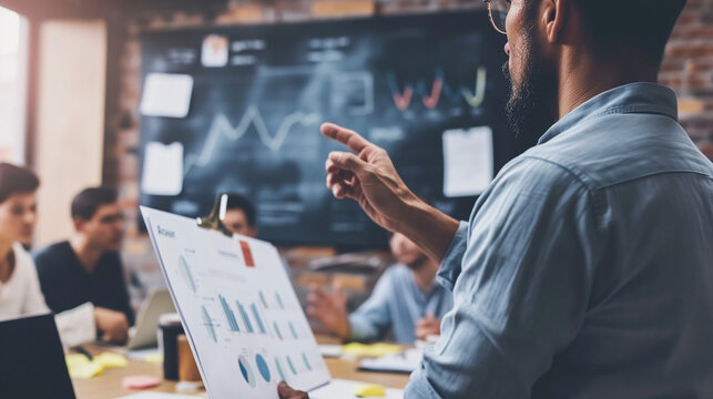 Meeting, strategy, and business presentation of a corporate man organizing a financial marketing initiative.