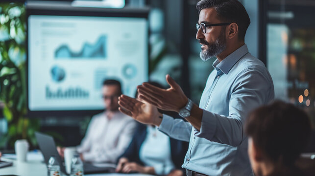 Meeting, strategy, and business presentation of a corporate man organizing a financial marketing initiative.