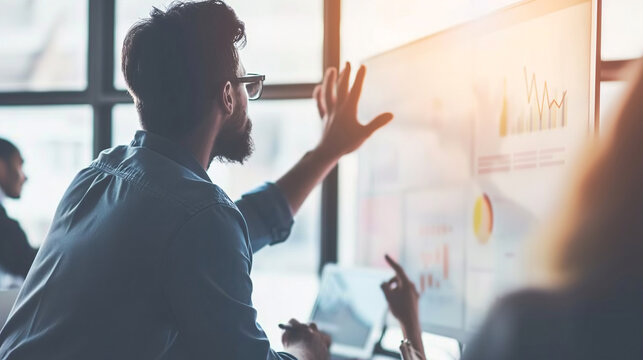 Meeting, strategy, and business presentation of a corporate man organizing a financial marketing initiative.