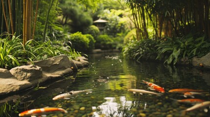 A tranquil Zen garden with a koi pond and bamboo