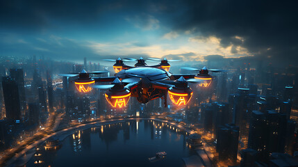 A drone hovering in a futuristic cityscape,  - obrazy, fototapety, plakaty