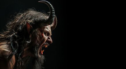 Angry devil profile with copy space for text - black background - yelling, shouting, screaming - god of evil - hell concept art - Azazel, Belzebuth, Adramelech, Demogorgon - obrazy, fototapety, plakaty