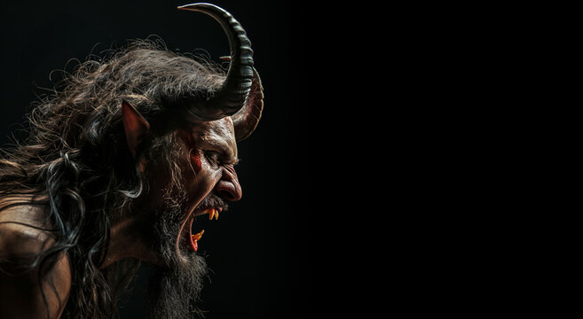 Angry devil profile with copy space for text - black background - yelling, shouting, screaming - god of evil - hell concept art - Azazel, Belzebuth, Adramelech, Demogorgon