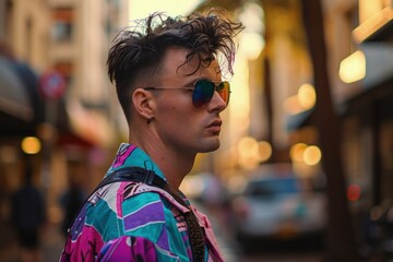Fototapeta premium Man with clothes and hairstyle in retro 80s and 90s style, nostalgia concept. Generative AI