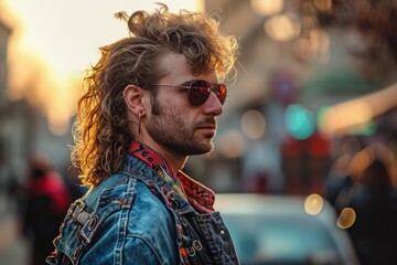 Man with clothes and hairstyle in retro 80s and 90s style, nostalgia concept. Generative AI - obrazy, fototapety, plakaty