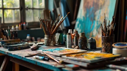 Creative workspace with art supplies and inspirational mood board.