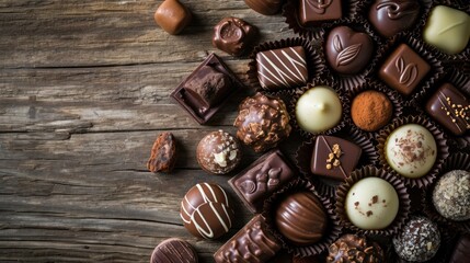 Delicious assortment of gourmet chocolates on a rustic wooden background