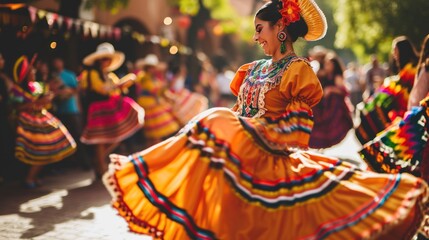 A vibrant Latin American street festival with salsa dancing, colorful parades, and traditional food stalls