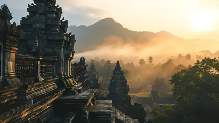 Fotobehang An ancient temple complex at sunrise with misty mountains and traditional architecture © Bijac