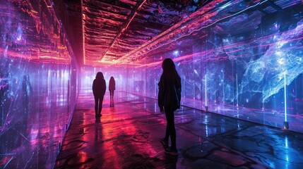 An immersive digital art exhibition with large-scale projections, interactive light displays, and...